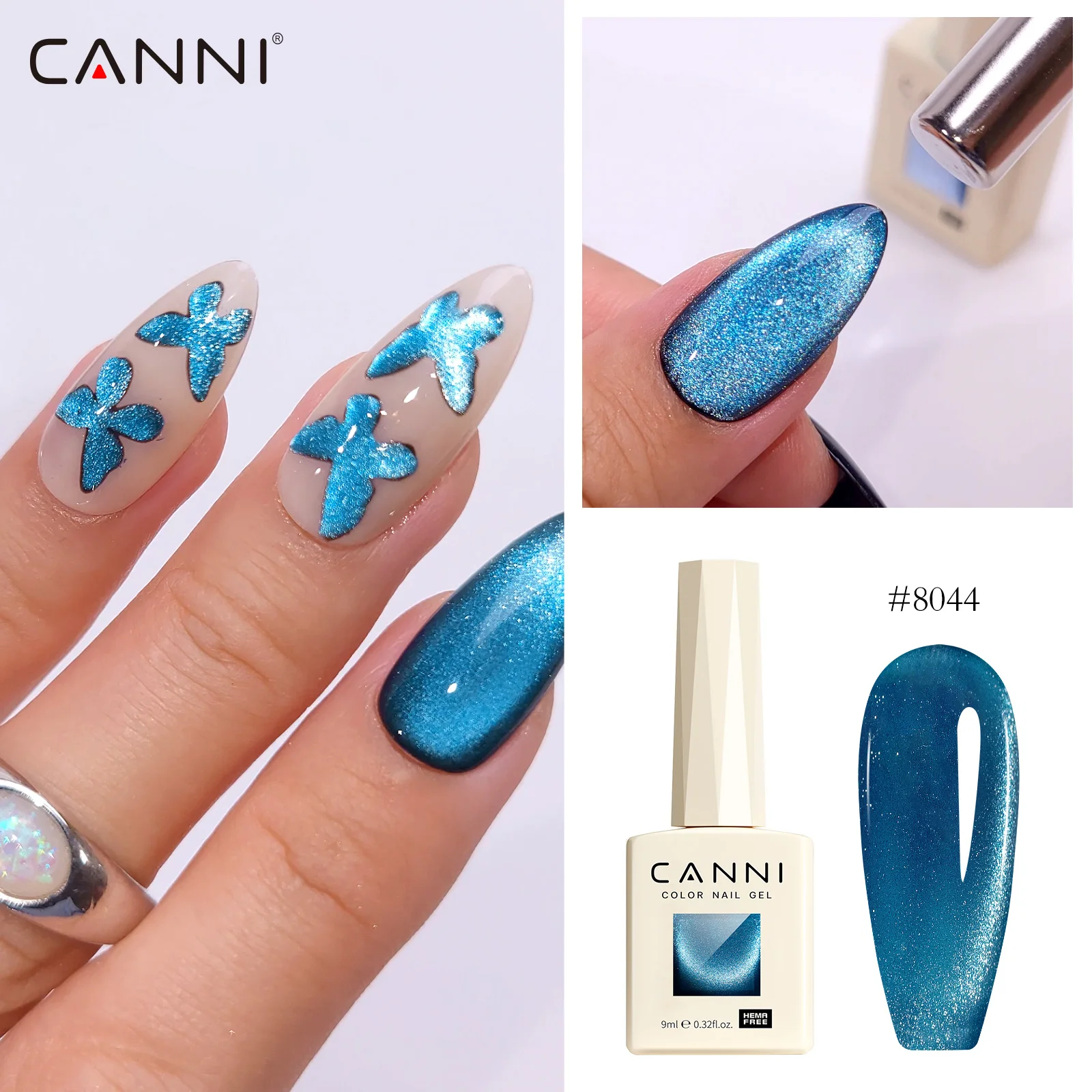 Фото Набор гель-лаков CANNI Cat Eye, 8 шт./компл., 9 мл, без TPO/HEMA, смываемый, для УФ/LED ламп, ультраглянцевый, с блестками, полуперманентный гель №4