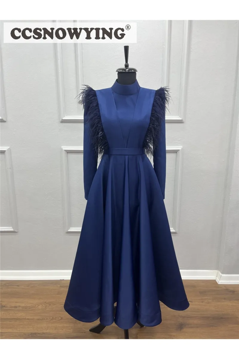 

Royal Blue Satin Feathers Muslim Evening Dress High Neck Long Sleeve Islamic Formal Party Gown Hijab Arabia Dubai Kaftan