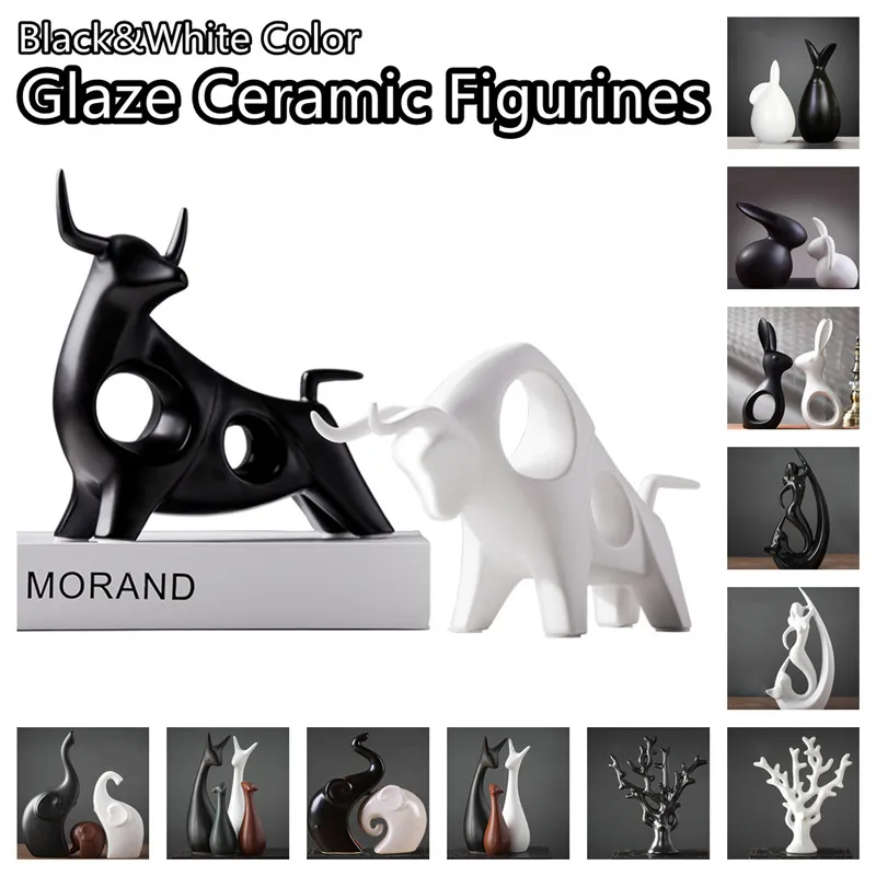 

Nordic Ins Glaze Ceramic Figurines Black&White Color Porcelain Ornaments Cabinet Decoration Deer/Elephant/Rabbit/Tree Miniatures