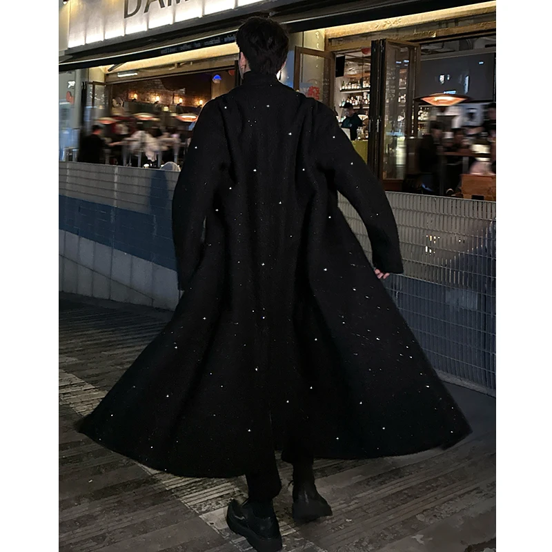 Shiny thick trench coat chic sequin autumn winter men's warm woolen casual double breasted long overknee