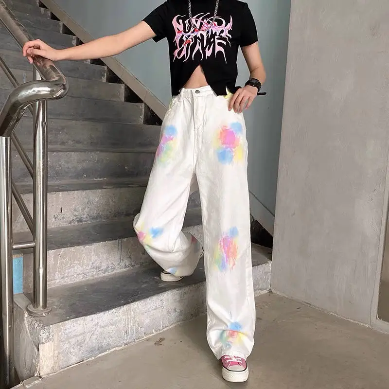 Womens Jeans Tie Dye Trousers White Woman Pants Straight Leg Cowboy Vintage Basics Aesthetic New In Denim Z Loosefit Summer 90s