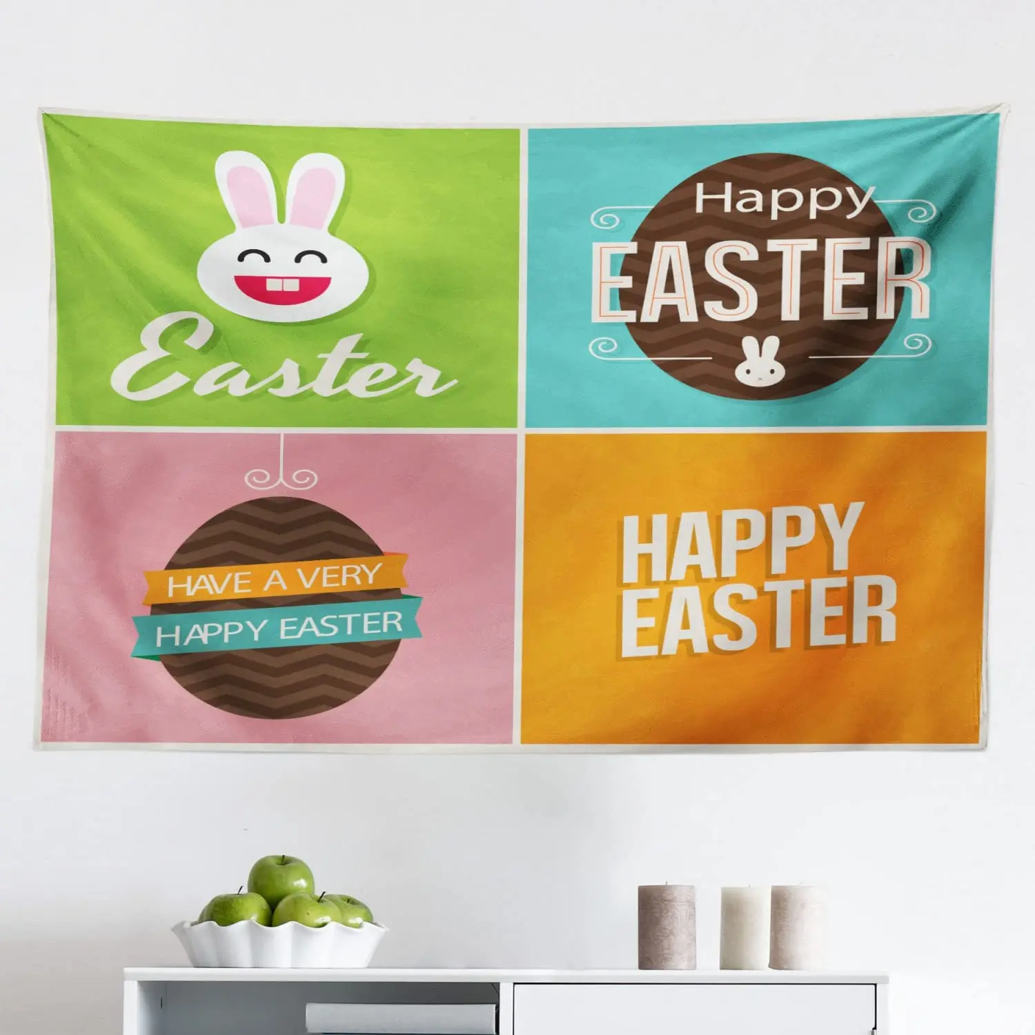 

Easter Tapestry, Checkered Squares Pattern with Colorful Digital Designs Simplistic Minimalist Image, Fabric Wall Hanging Decor