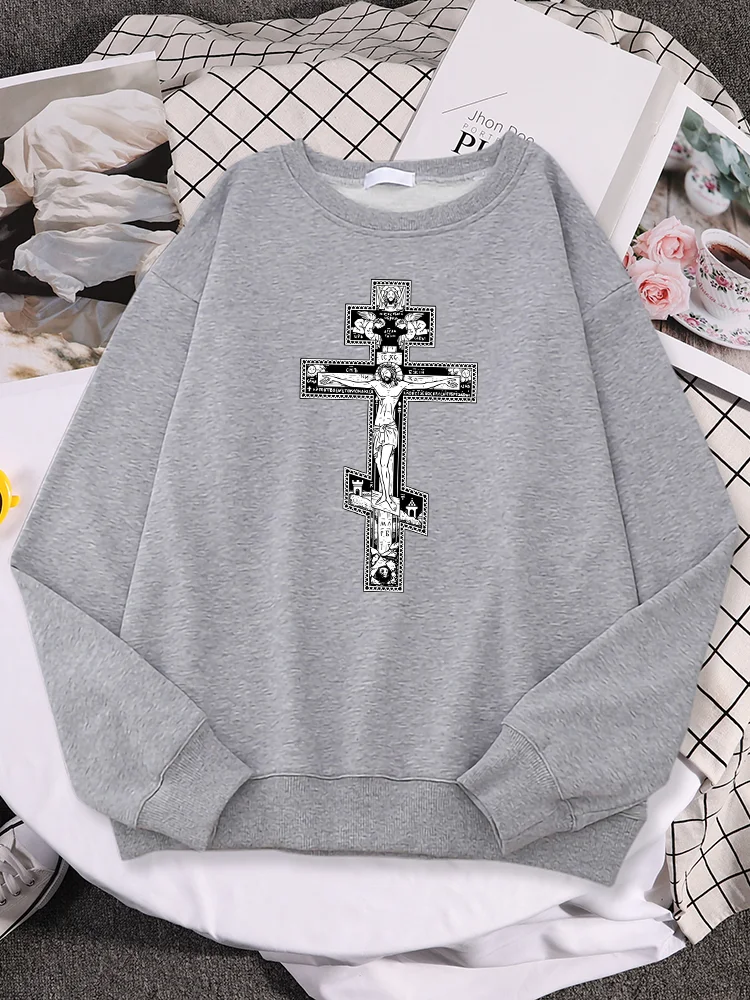 

Gothic Dark Style Orthodox Cross Jesus little Angel Print Women Hoodie Fashion Sweatshirt Oversize Crewneck Soft Top Woman Hoody