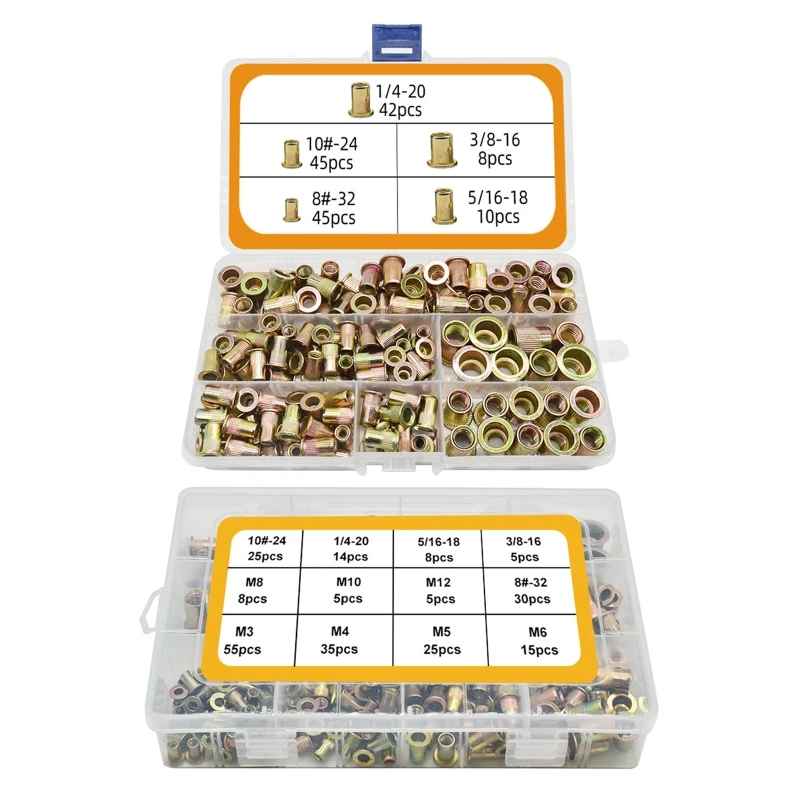 

150/230 шт. плоские резьбовые вставные гайки с коробкой 8 #-32 10 #-24 1/4-20 5/16-18 3/8-16 заклепки гайки Rivnut в ассортименте