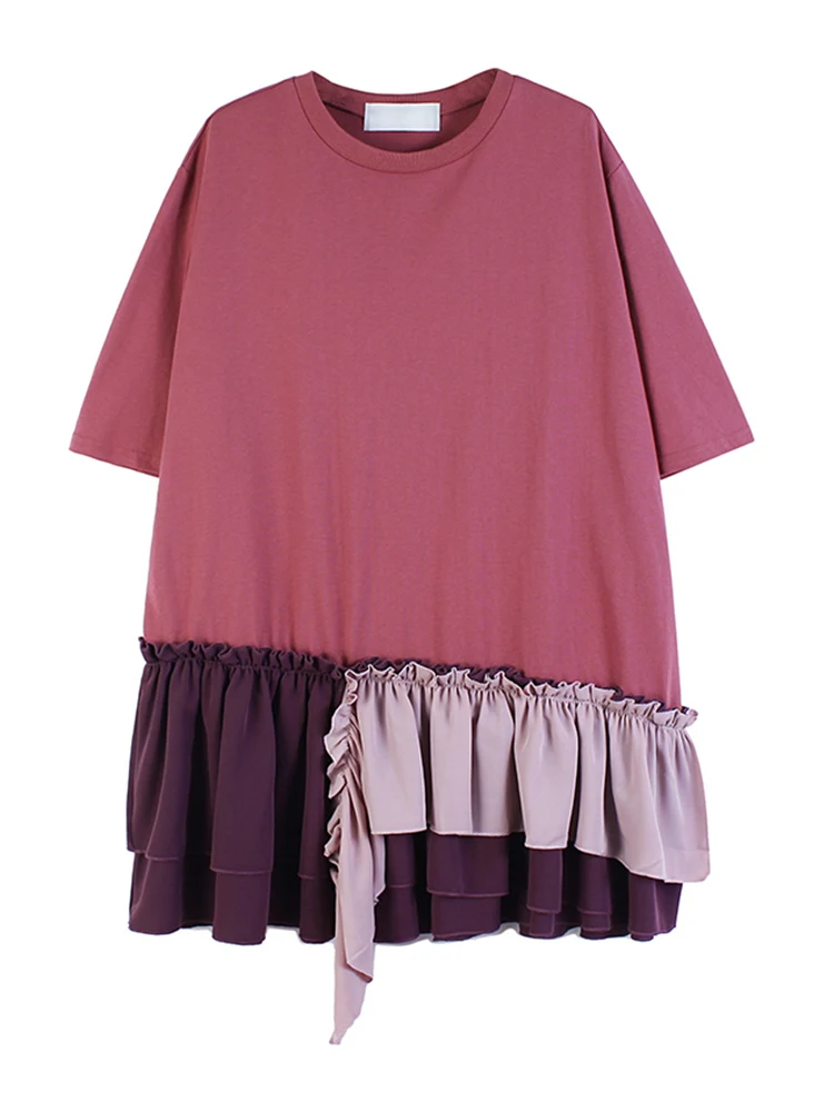 

Женское асимметричное платье с оборками, красное повседневное свободное платье большого размера с круглым вырезом и рукавом до локтя, весн...