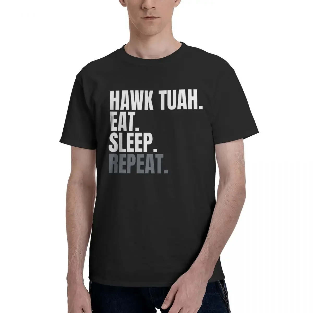 Забавная футболка Hawk Tuah с надписью Eat Sleep Repeat круглым вырезом аниме для мужчин и