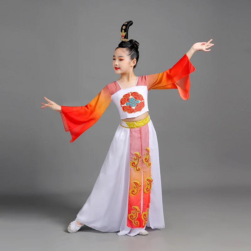 Китайский народный танцевальный костюм "Fairy Folk Dress" для девочек, включая веер янко и квадратный зонтик для выступления.