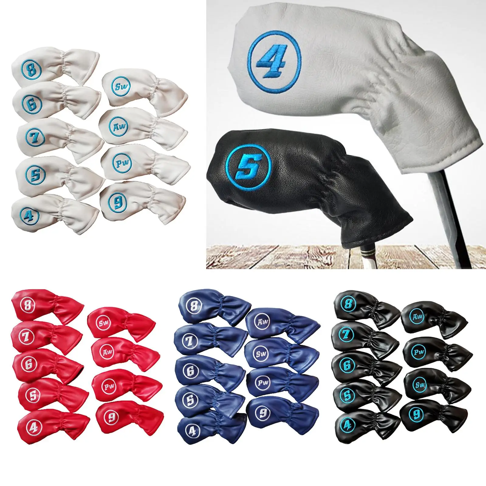 

9PCS Thick PU Leather Golf Iron Set Headcover Fit All Brands, Also Custom Name