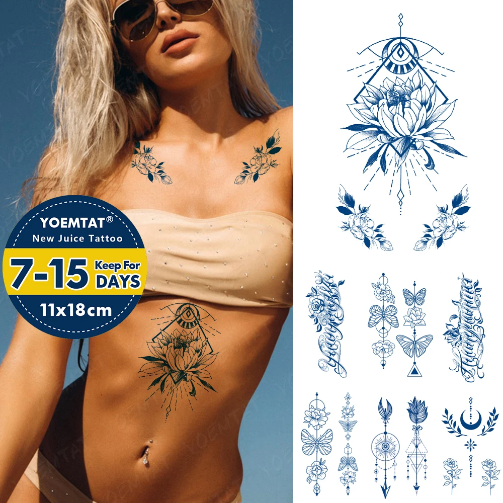 Semi-Permanent Herbal Waterproof Temporary Tattoo Stickers Flower Peony Rose Chrysanthemum Tatto Body Art Ink Lasting Fake Tatoo