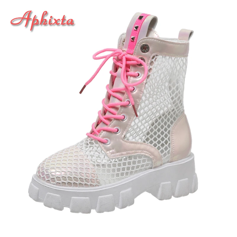 

Летние дышащие сетчатые ботинки Aphixta на платформе со шнуровкой, женские ботинки на толстой подошве 6 см, увеличивающие рост, приблизительно 43