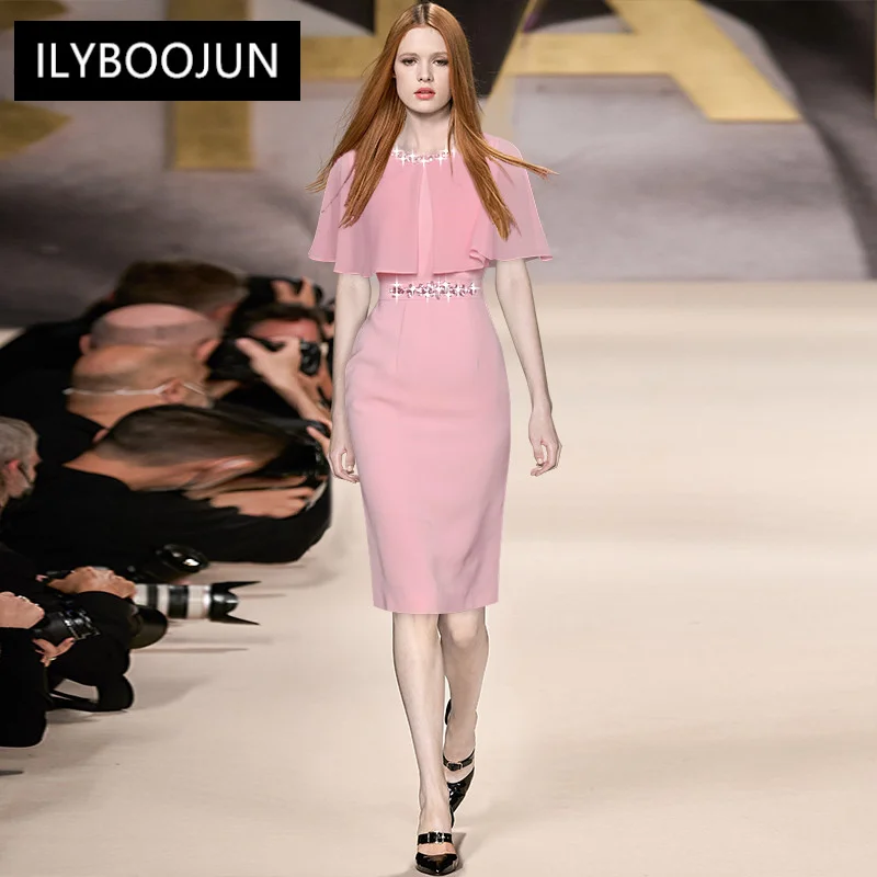 

Женское платье-карандаш с круглым вырезом, элегантное подиумное розовое облегающее платье с рукавами-накидками, расшитое бисером, лето 2022