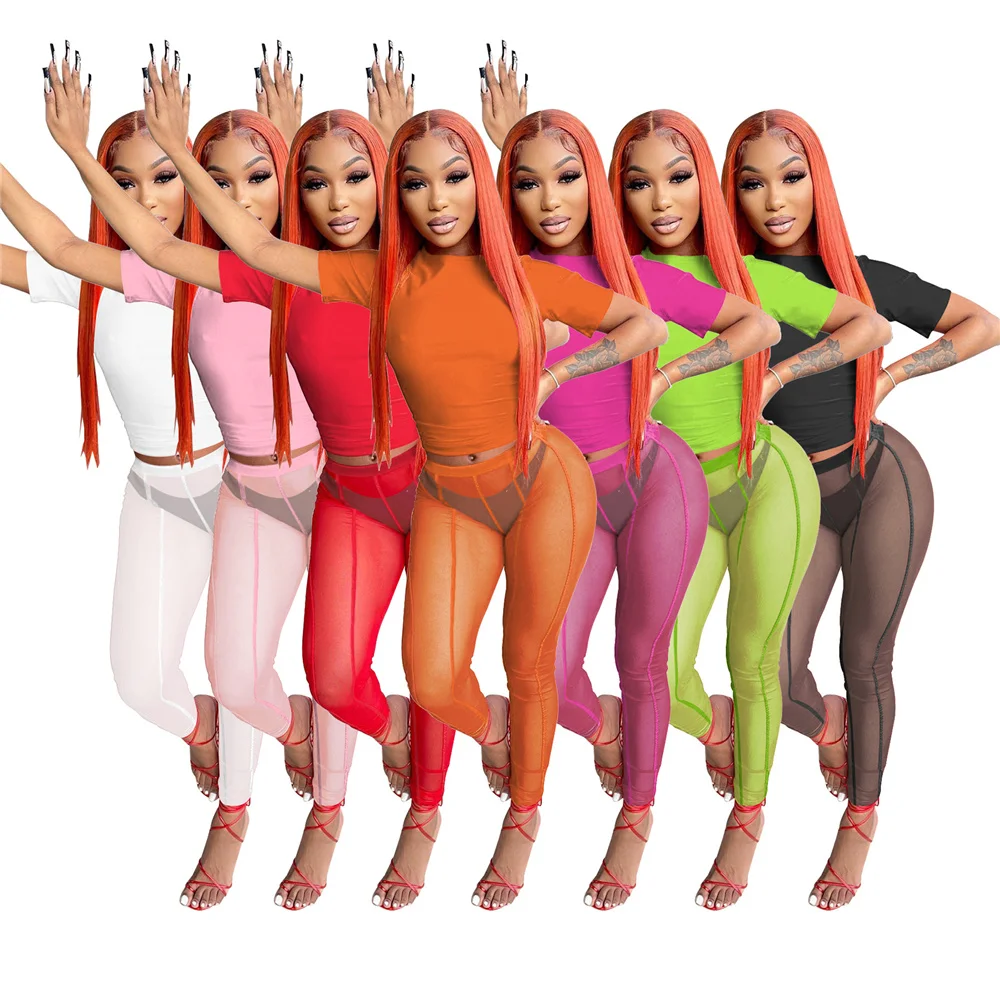 

Женский летний комплект из топа и леггинсов, однотонные повседневные леггинсы с коротким рукавом и брюки, спортивная одежда, 2022