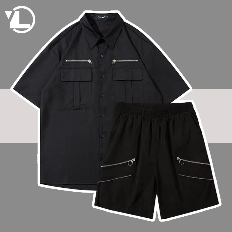 

High Street Cargo Sets Men Women Hip Hop Retro Zipper Shirts+Casual Loose Shorts 2 Pcs Set Unisex Vintage Y2k Half Sleeve Suits