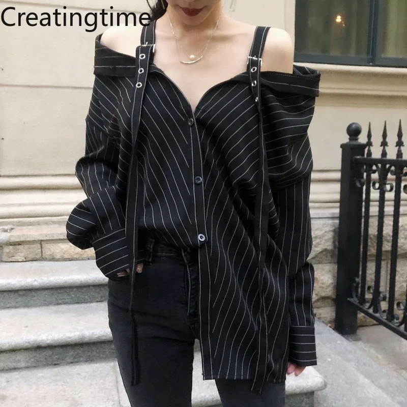 

Creatingtime 2022 Spring New Fashion Women Personality Sling Vertical Stripes Off-shoulder Long sleeve Loose Korean Shirt GA789