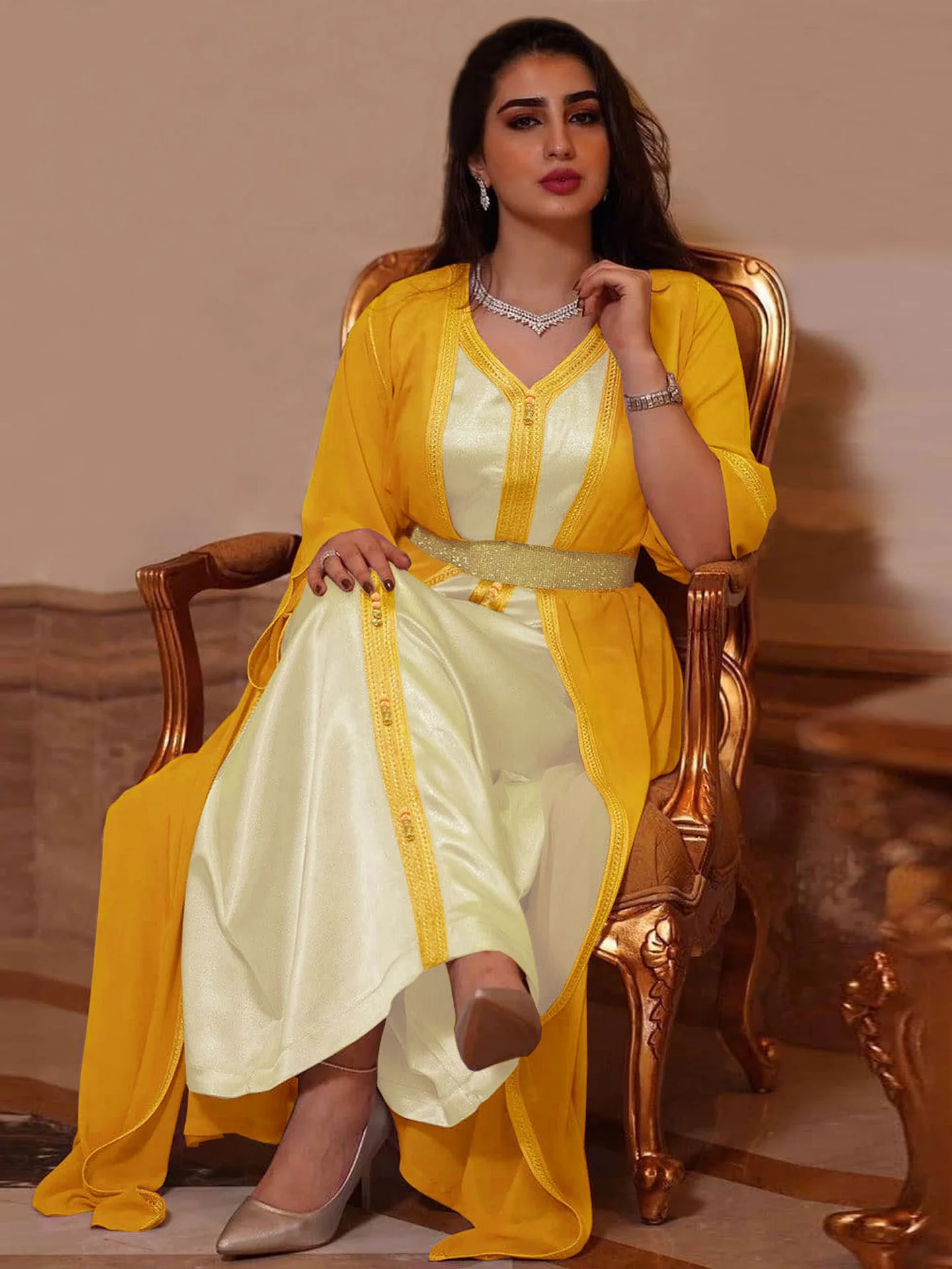 Diamonds Moroccan Takchita Kaftan Chiffon Overdress Satin Inner Dress Arabic Party Wear Wedding Ball Gown Muslim Ramadan Abaya