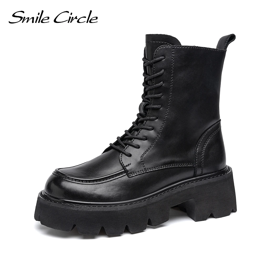 Smile Circle Women Ankle Boots Leather Square Heel Platform Boots in Black Round toe Lace-up Chunky Boots Women Shoes in Winter