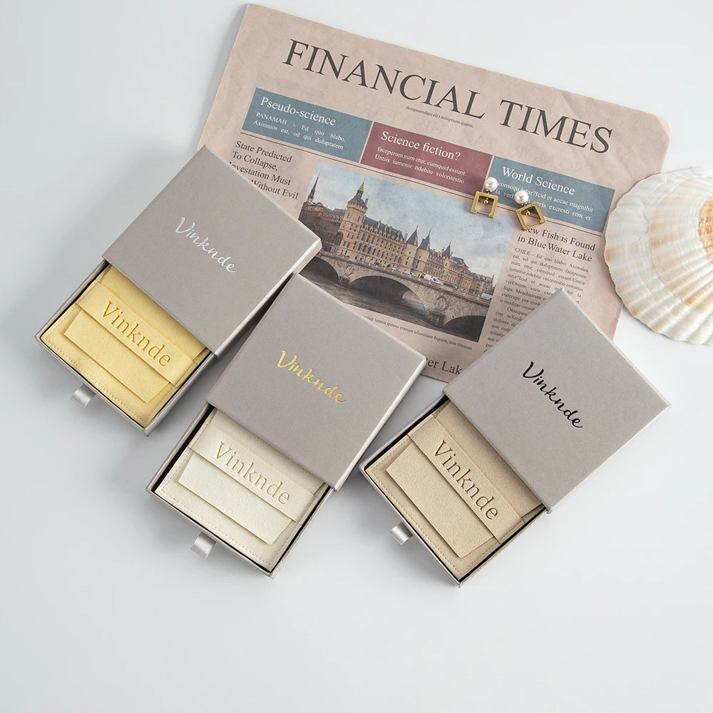 Packaging Jewelry Box With Pouch Custom Logo 9x9x1.7cm Grey Paper Box Drawer Jewelry Packaging Suede Bags And Boxes With Insert