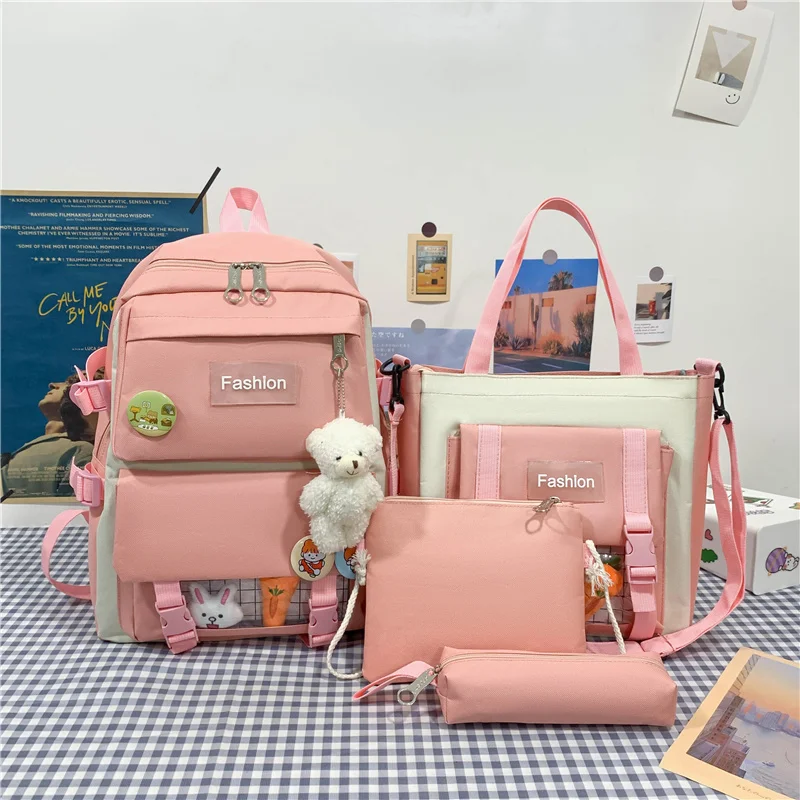 

4 Pcs Set Stamp Women Laptop Backpack School Bags For Teenage Girls 2023 Canvas Simple Toy Student Kid Book Bag Rucksack