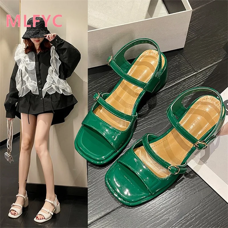 

Женские босоножки на высоком толстом каблуке, универсальные сандалии в стиле ретро, зеленые, лето 2022