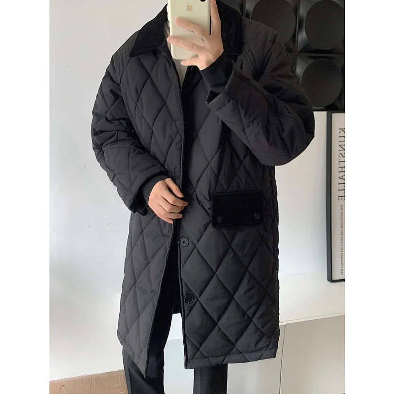 Winter Thick Long Coat Men Warm Fashion Cotton Oversized Jacket Men Korean Loose Khaki Black Plaid Overcoat Mens Parker M-2XL