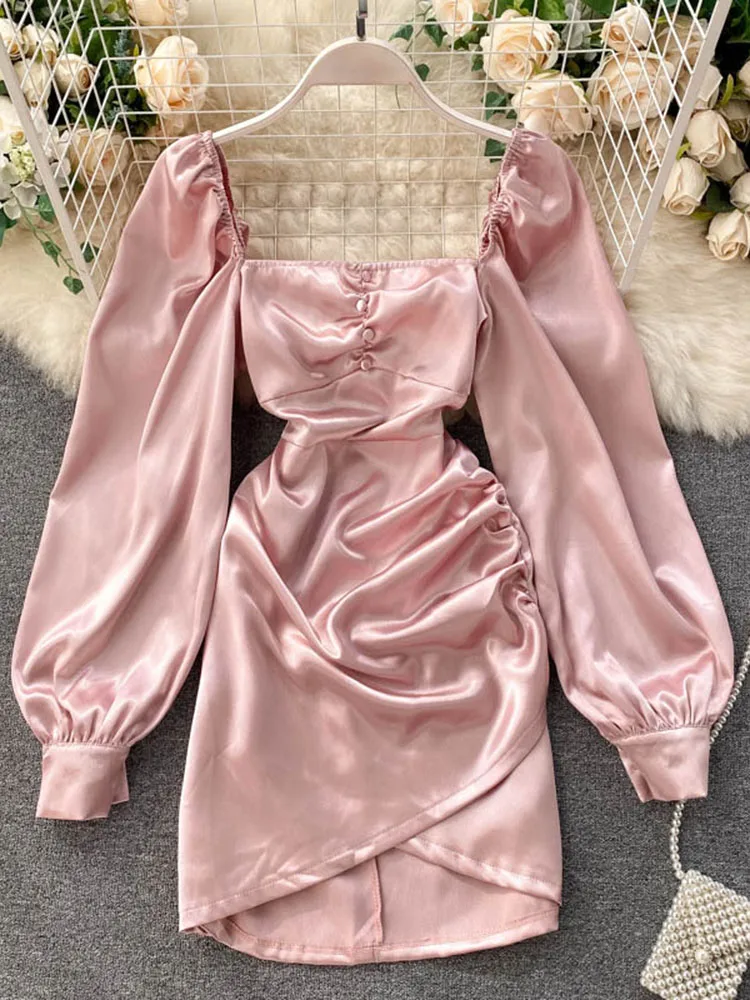 

Spring Autumn Women's Satin Dress Retro Black Square Neck 2021 New Long Sleeve Mini Vestidos Female GD580