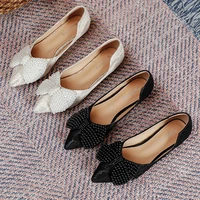 string bead bow knot ballet flats woman pointed toe loafers embroider lace pearl sneakers women shoes plus size 4243 moccasins