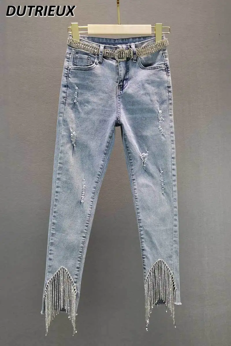 

Hot Rhinestone Fringed Pencil Jeans Girl Stretch Slim High Waist Light Blue Ripped Pants Women Denim Trousers Autumn Pantalones