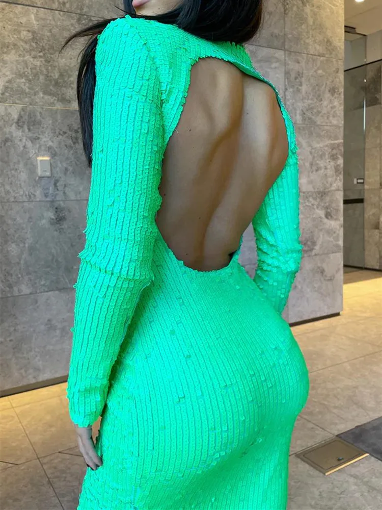 New 2022 Autumn Flouescence Green Sparkling Sequins Mid Dress Elegant Sexy Hollow Out Bodycon Evening Dress Fashion Party Outfit