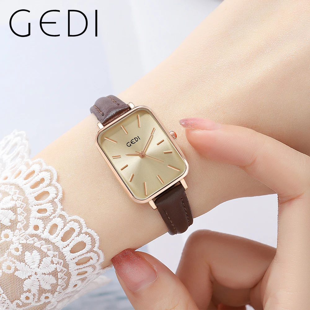 GEDI Minimalist Ladies Fashion Quartz Wrist Watches Luxury Brand Waterproof Rectangle Women Watches Leather Strap Montre Femme