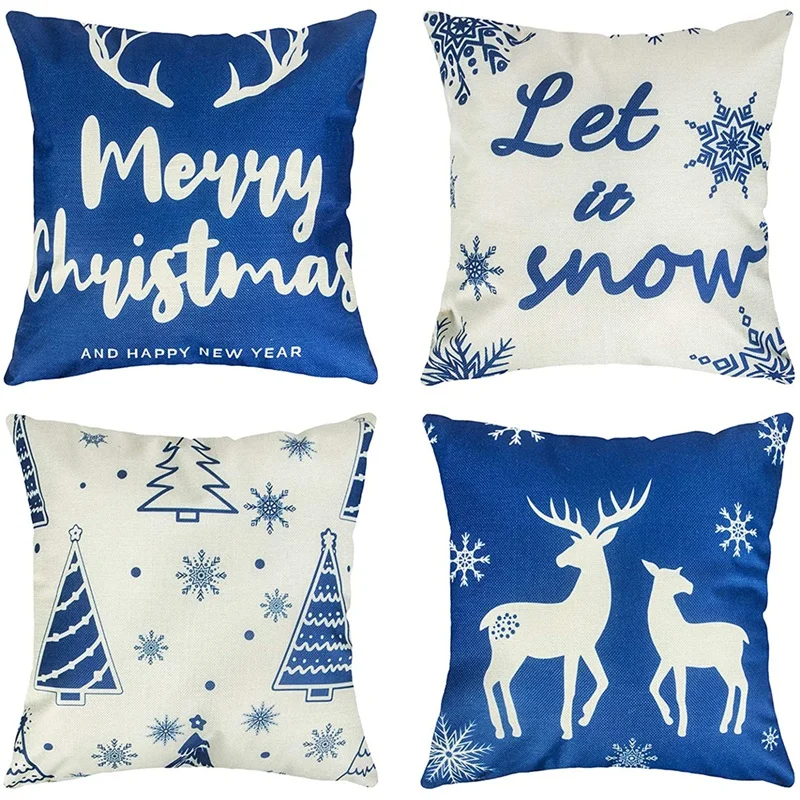 

AT35 Christmas Pillow Covers, Winter Snowflake Elk Tree Christmas Throw Pillows, Linen Cushion Case For Sofa Couch