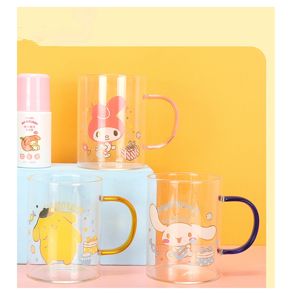

350Ml Cartoon Kawaii Sanrios My Melody Cinnamoroll Purin Cute Glass High Borosilicate Household Water Cup Anime Household Goods