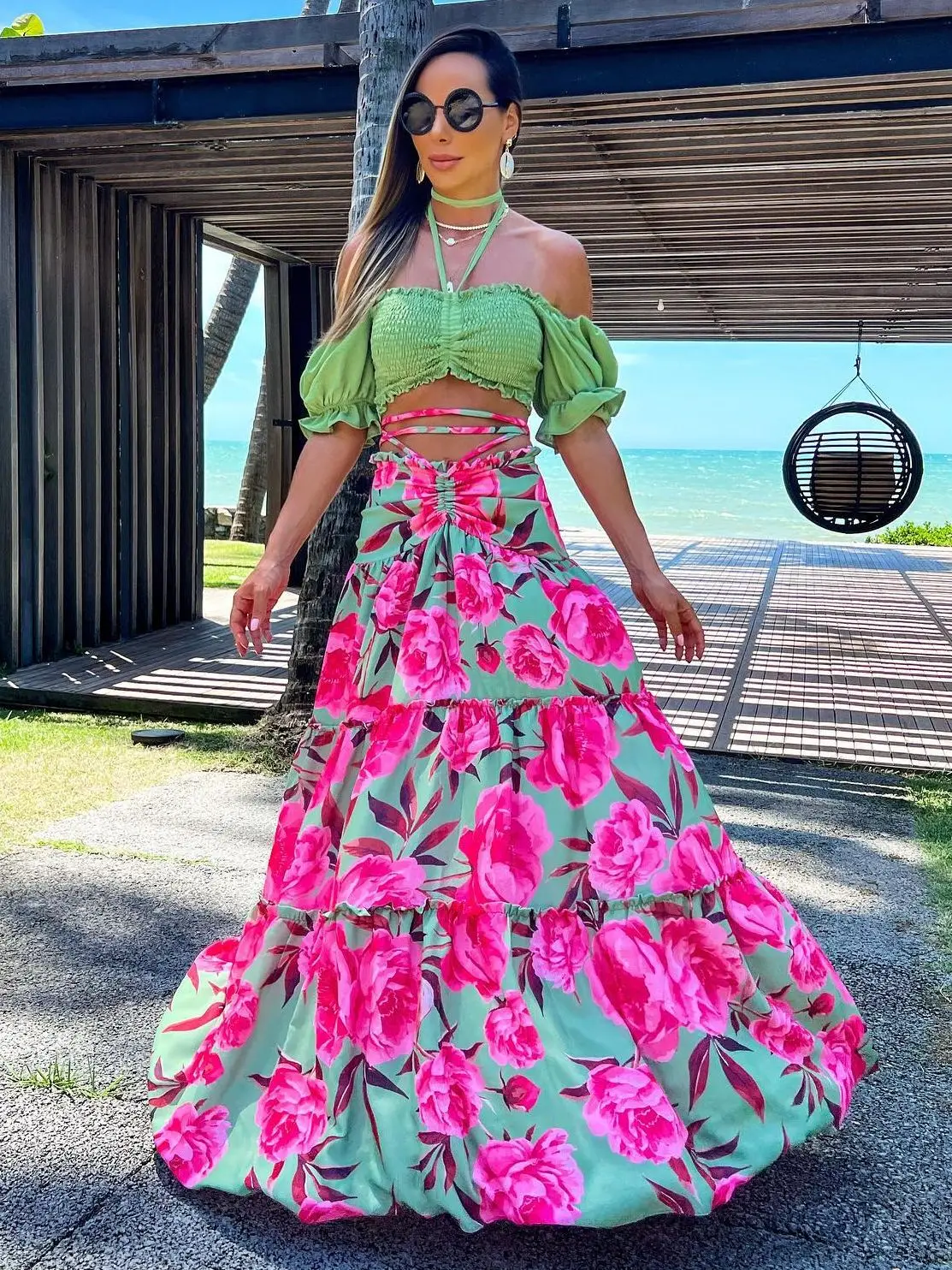 

Новые Сексуальные Платья с лямкой через шею и коротким рукавом, платье для женщин 2023, комплект из 2 частей с принтом на бретельках, Пляжная накидка, купальник, пляжная одежда