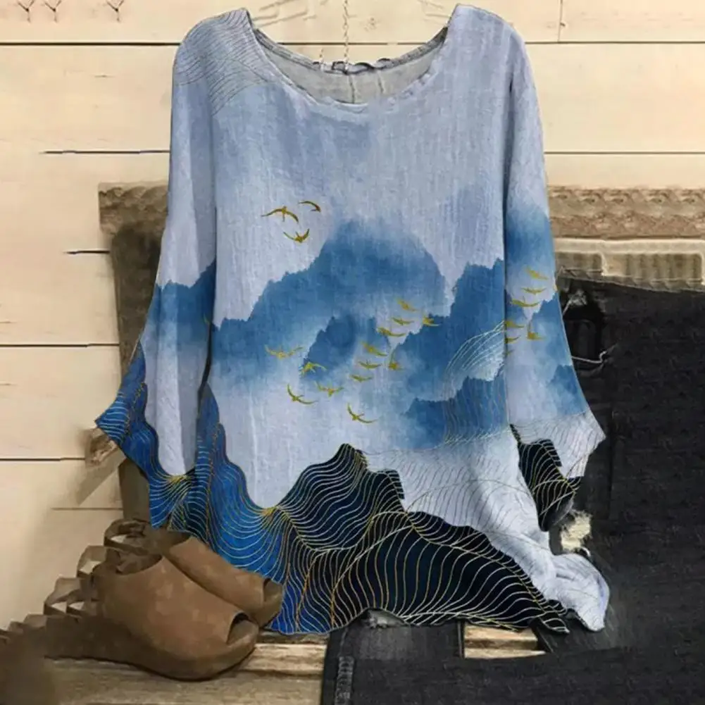 

Повседневная винтажная блузка с круглым вырезом, винтажная женская блузка свободного кроя с чернильным принтом, футболка