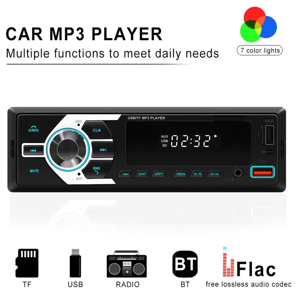 

Автомагнитола 12 В, автомобильный стерео MP3-плеер с поддержкой громкой связи, FM-радио, AUX-вход, TF/EQ/двойная USB-зарядка