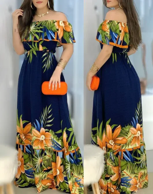 

Dresses For Women 2022 Summer Fashion Off Shoulder Short SleeveTropical Print Oversize Straight Maxi Dress