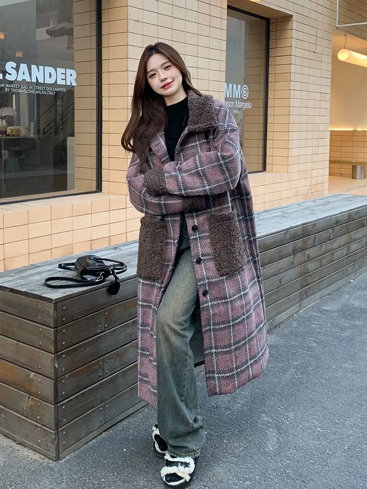 Корейская серия клетчатое шерстяное пальто женское 2024 зимнее новое длинное