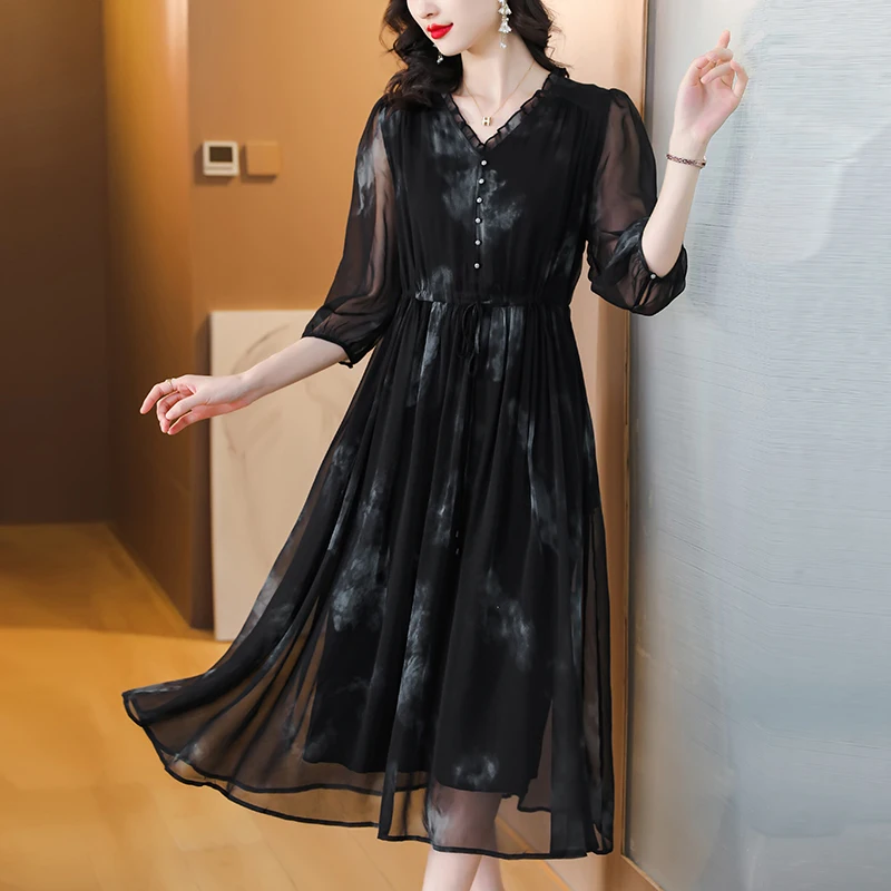 Spring Summer Black Silk Satin Midi Dress Women Fashion Polo Chic Prom 2023 Korean Vintage Casual Party Evening Vestidos
