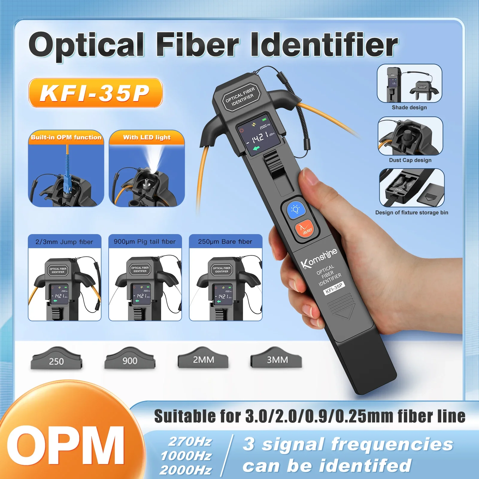 Фото Металлический оптоволоконный идентификатор Komshine KFI-35P, подходит для оптоволоконной линии 0,25/0,9/2/3, 800-1700 нм, встроенный OPM/VFL №1