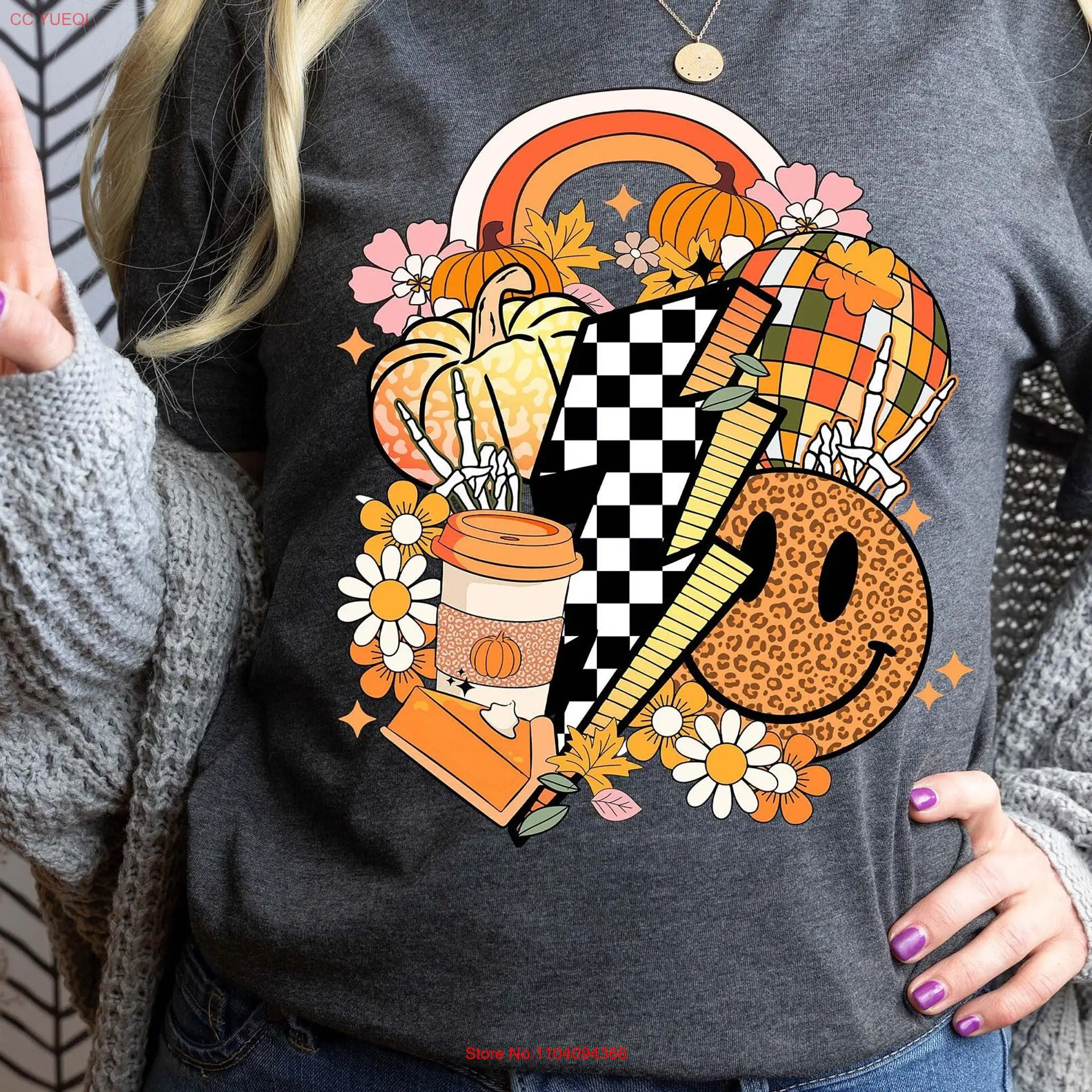 Женская футболка с длинным или коротким рукавом изображением тыквы и специй