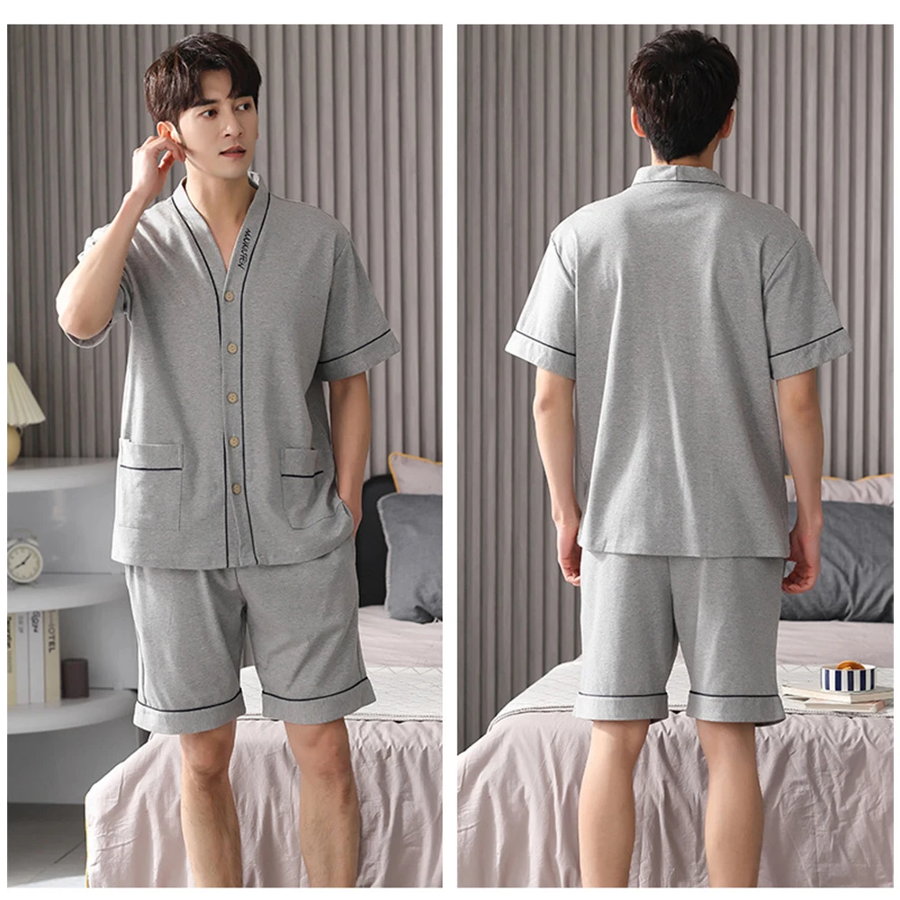 100% Cotton Trendyol Solid Pajama Sets Casual Man V Neck Pyjama Button Sleepwear+Elastic Waist Shorts Male Pajamas pijama hombre