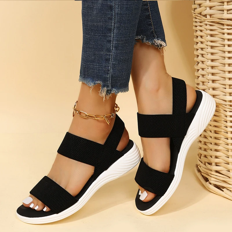 Casual Snake Print Elastic Band Sandals Woman Comfy Slip-on Thick Sole Sport Sandalias Ladies Fashion Houndstooth Summer Shoes