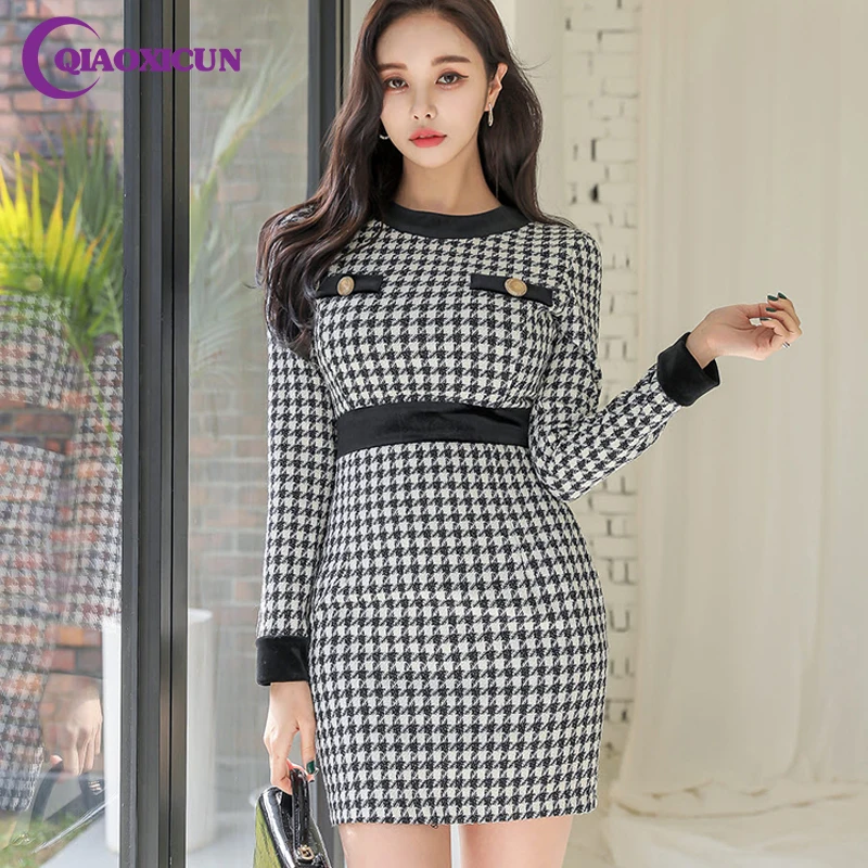 

Осень-зима 2022 женское вязаное платье-свитер Корейская мода женская одежда пикантное облегающее трикотажное платье с рисунком «гусиные лап...