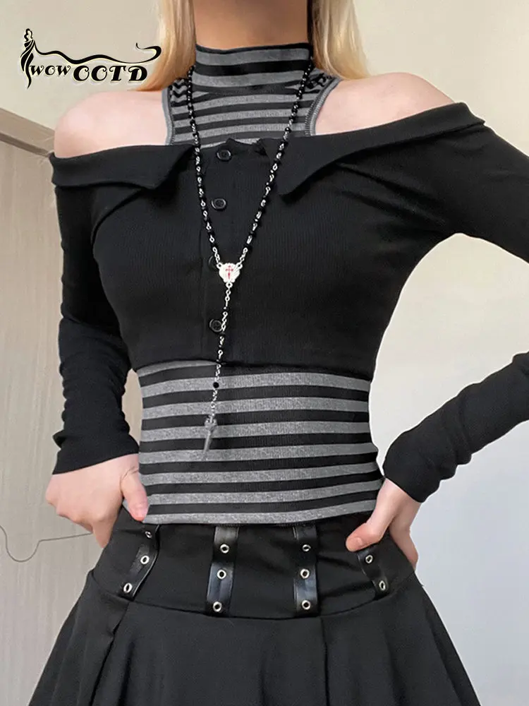 

WOWOOTD Off Shoulder Long Sleeve Korean Tees Women Stripe Patchwork Black Goth Streetwear Button Up Two Pieces T Shirt Sets