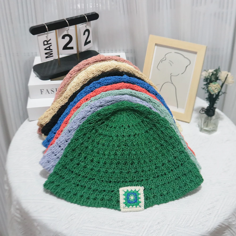 2023 Flower Crochet Bucket Hat Women Spring Summer Handmade Knit Beanies INS Korean Cute Soft Thin Panama Cap
