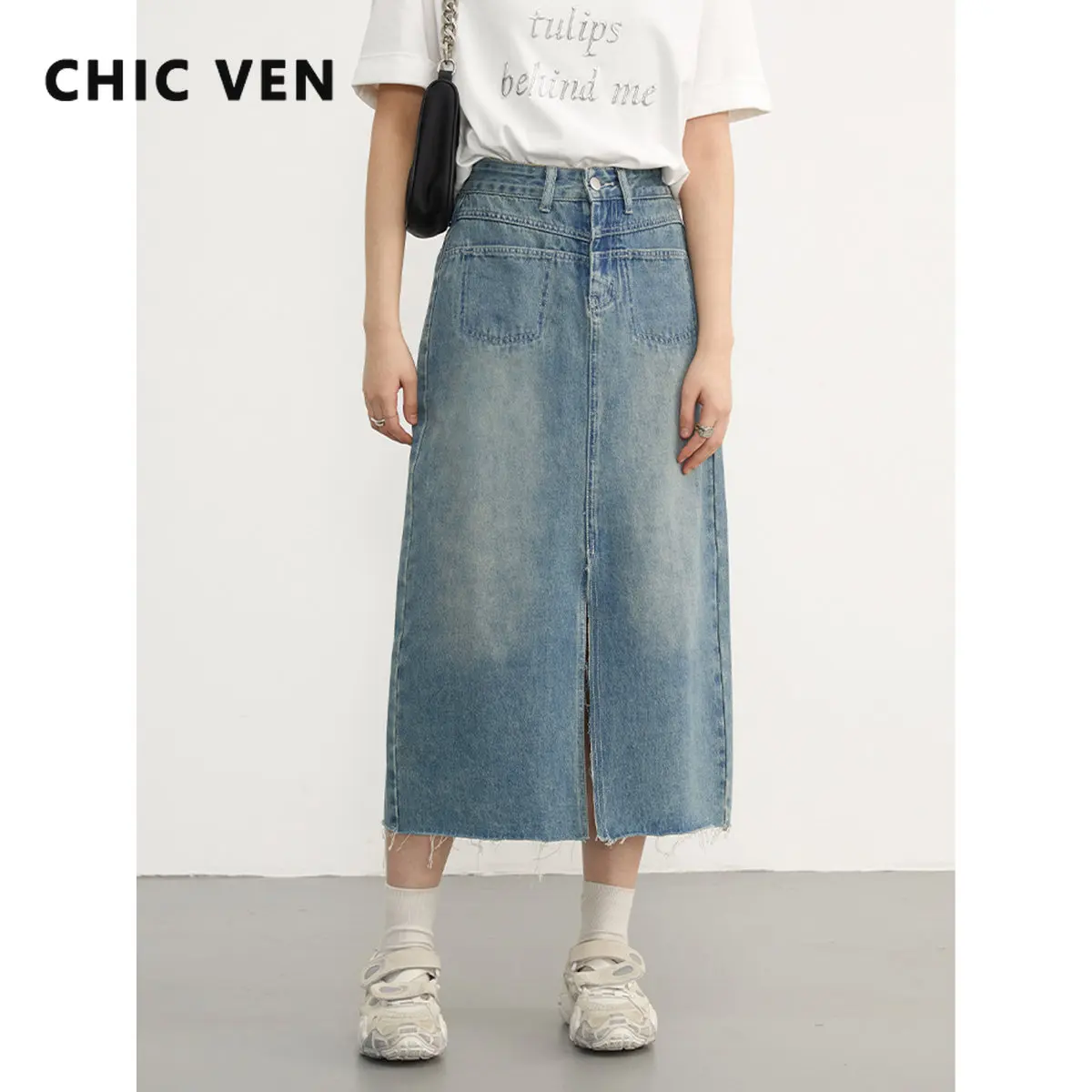 

CHIC VEN Split Denim Skirts Vintage Casual High Waisted Pocket Midi Long Jeans Skirt Female Botton Spring Summer Ladies 2023