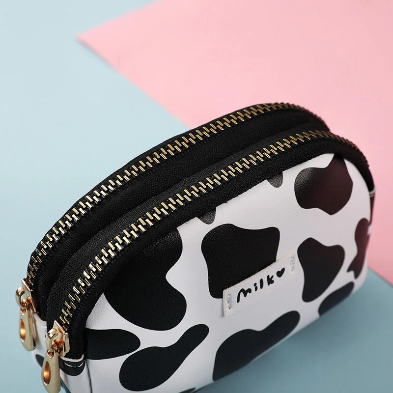 Cute Cow Pattern Coin Purse for Women Card Wallet Students Double Pocket Zipper Key Bag Portable Lipstick Bank Card Storage Bag