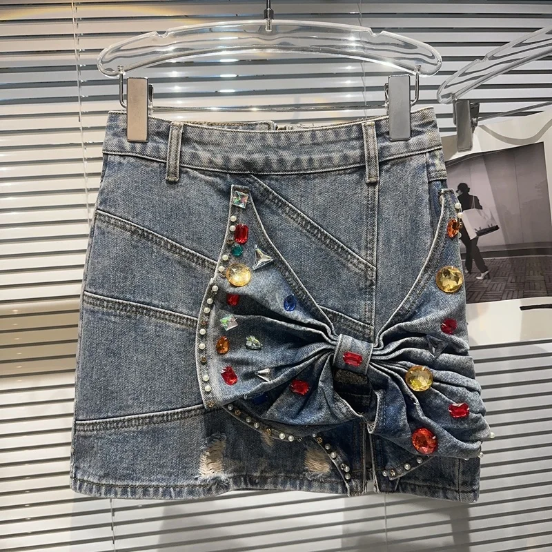 

BORVEMAYS Colour Jewel Beading Denim Skirts Mini A-line Street Temperament Fashion Women Summer New 2023 WZ2020