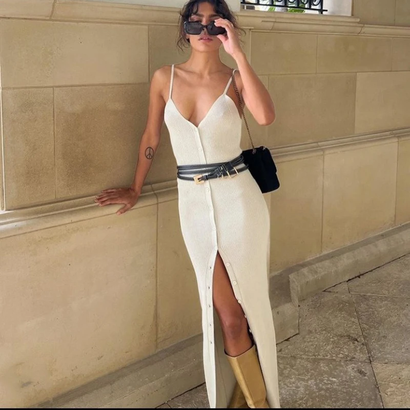 Платье макси на бретелях с глубоким V-образным вырезом и разрезом спереди, с застежкой на одну пуговицу, для женщин летнего сезона. Элегантные женские вестидосы 2022 года.