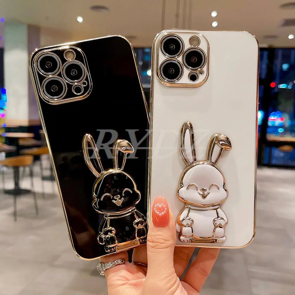 3D Cute Rabbit Folding Stand Case For iphone 14 13 12 11 Pro Max XR XS 6 7 8 Plus SE 2022 14Plus Electroplated Shockproof Cover