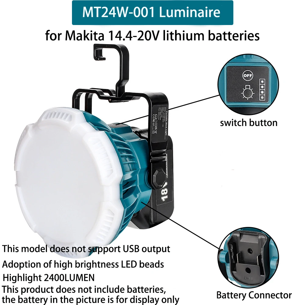 24W 2400LM Светодиодный рабочий фонарь Портативный походный фонарь для Makita 18V литий-ионные аккумуляторы для кемпинга, авторемонта и аварийного освещения
